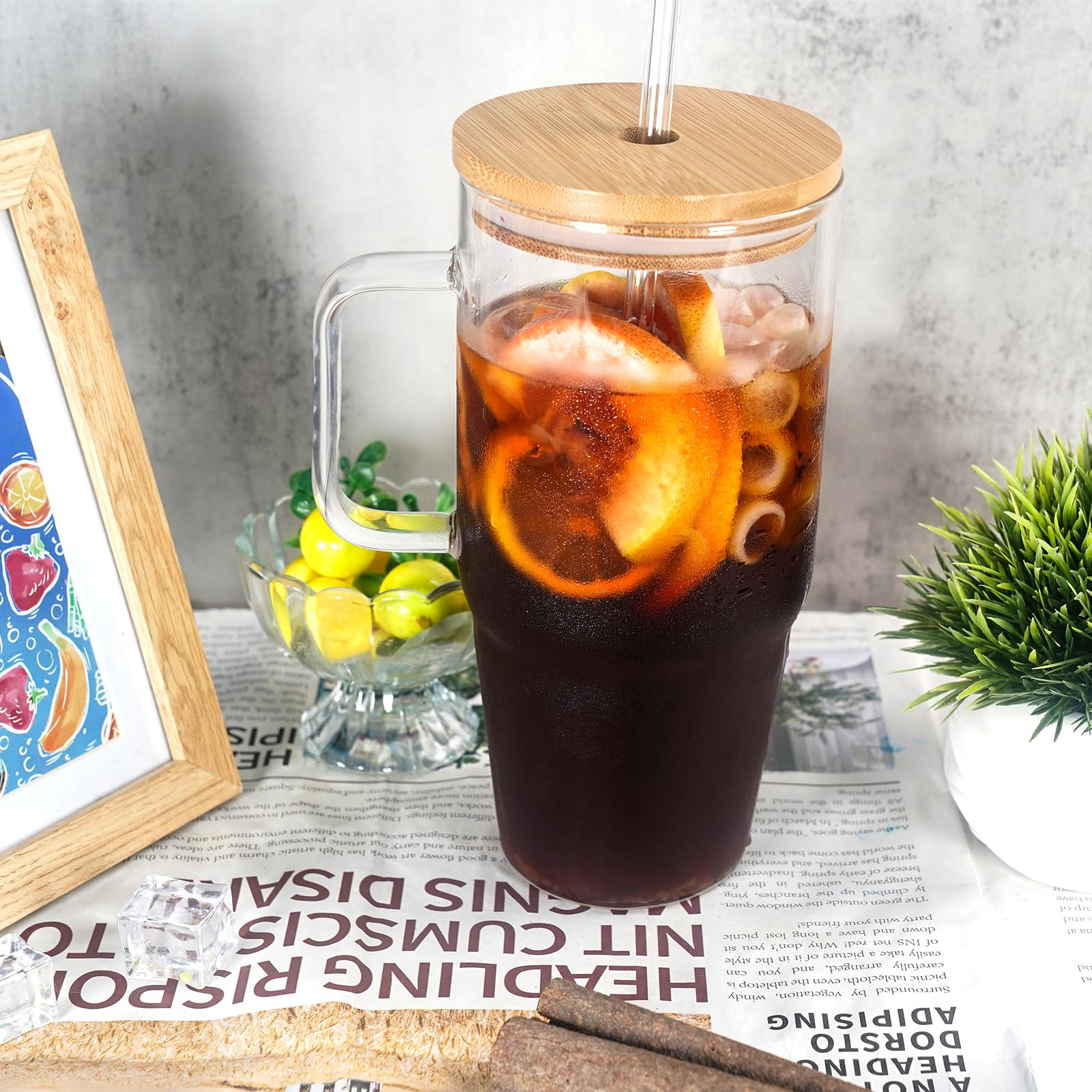 ANOTION Glass Cups with Lids and Straws - 40 Oz Tumbler with Handle and Straw Glass Water Bottles... | Amazon (US)