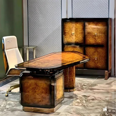 70.87"Modern Luxury Irregular-shaped Table Top Brown Executive Desk With 3 Drawers | Wayfair North America