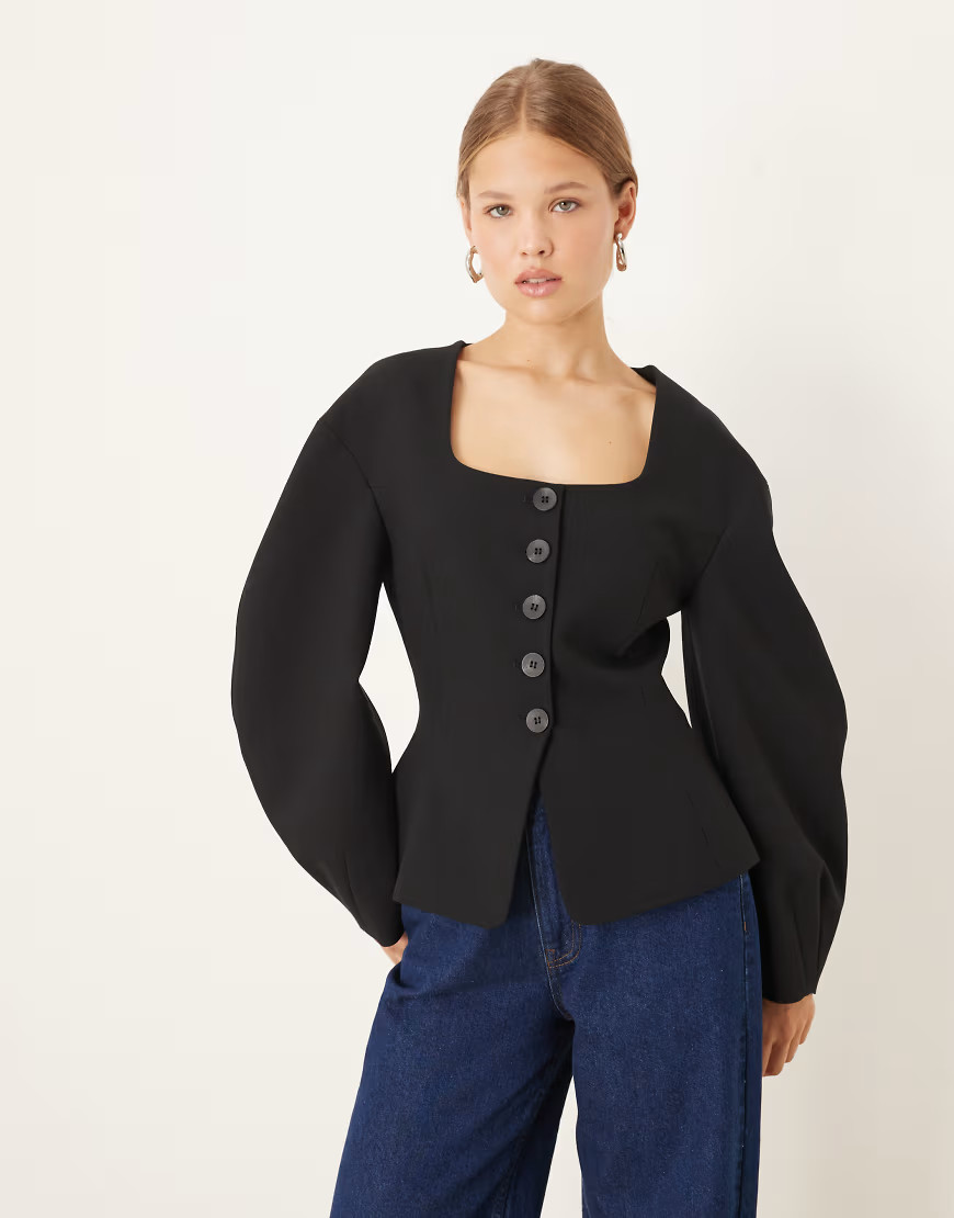 ASOS DESIGN cinch fitted cocoon sleeve blazer in black | ASOS (Global)