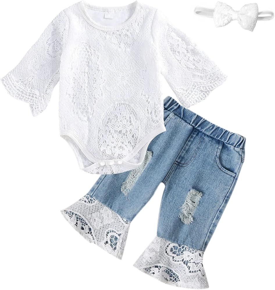 Baby Girl Clothes Set Lace Ruffle Romper Flare Denim Jean Pants and Headband 3Pcs Set Newborn Inf... | Amazon (US)