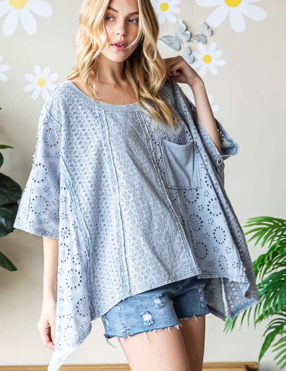 Out for the Day Eyelet Top - Dusty Blue | Statement Boutique