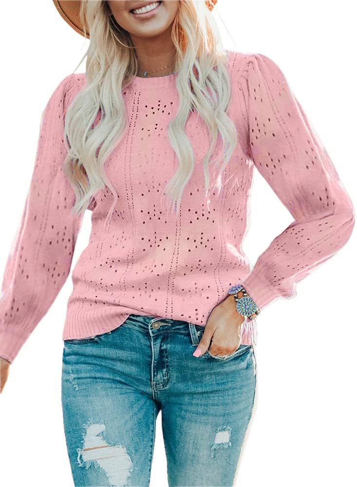 Womens Puff Long Sleeve Crew Neck Lightweight Dot Hollow Out Knit Fall Pullover Sweater Blouse | Amazon (US)