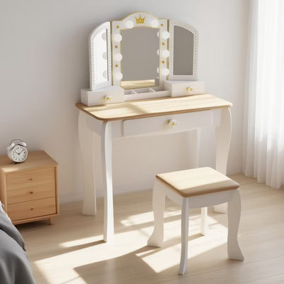 Freniland™ - Princess Vanity Table for Toddlers with Light-Up Mirror & Stool,Wooden Makeup Table with Storage Drawers | Target