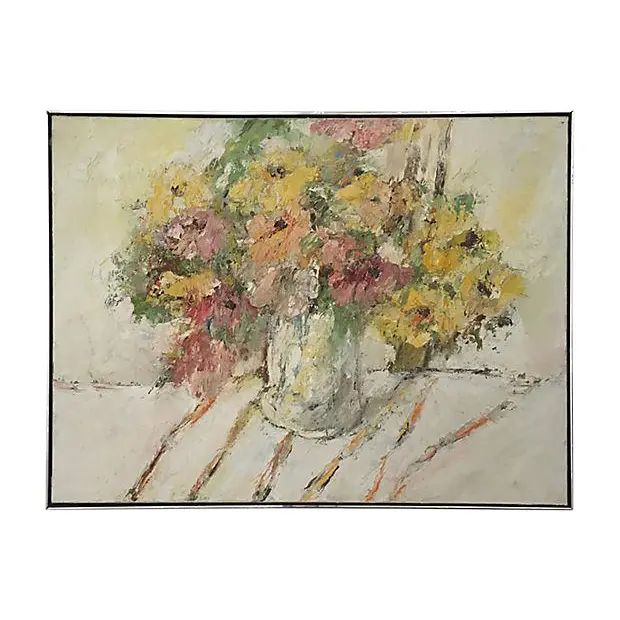 1960s Large Vintage Abstract Expressionist Still Life Yellow & Pink Floral Fine Art Oil Painting | Chairish