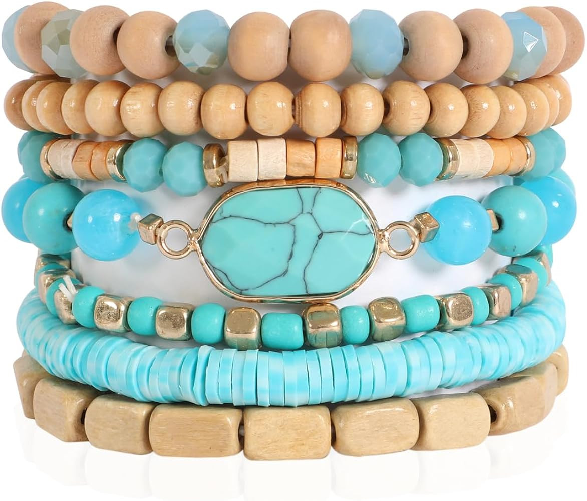 RIAH FASHION Bohemian Beaded Multi Layer Versatile Statement Bracelets - Natural Stone Wood Ronde... | Amazon (US)
