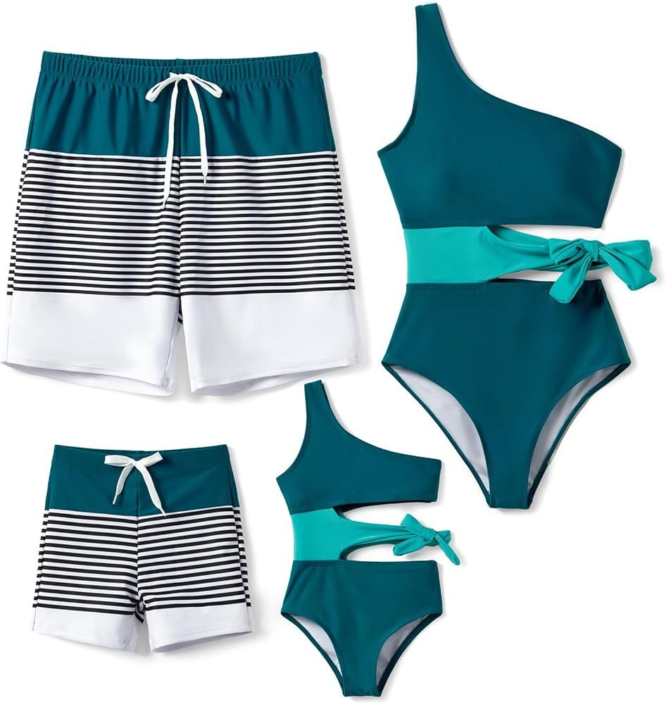 PATPAT Family Matching Swimsuits Mommy and Me One Shoulder Cutout Colorblock Bathing Suits One Pi... | Amazon (US)