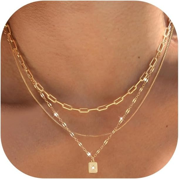 YEEZII Layered Gold Necklaces for Women Trendy, 3 Pcs 14K Gold Plated Choker Paperclip Box Chain ... | Amazon (US)