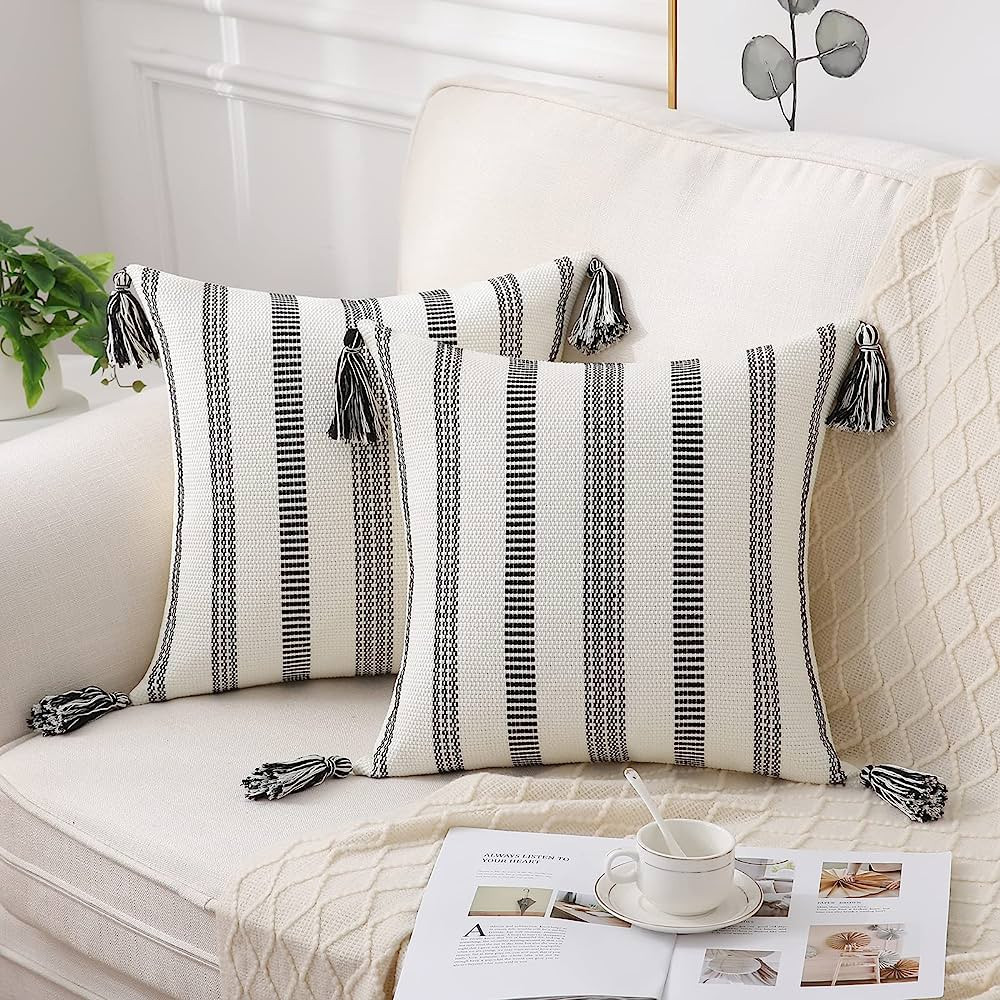 Smile Bee Boho Outdoor Throw Pillow Covers Set of 2, Decorative Woven Striped Pillow Covers with ... | Amazon (US)