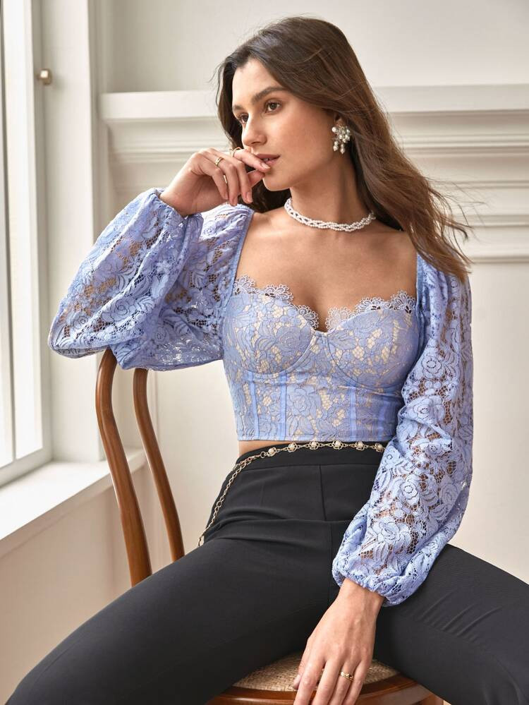 New
     
      SHEIN Frenchy Sweetheart Neck Lantern Sleeve Lace Blouse | SHEIN