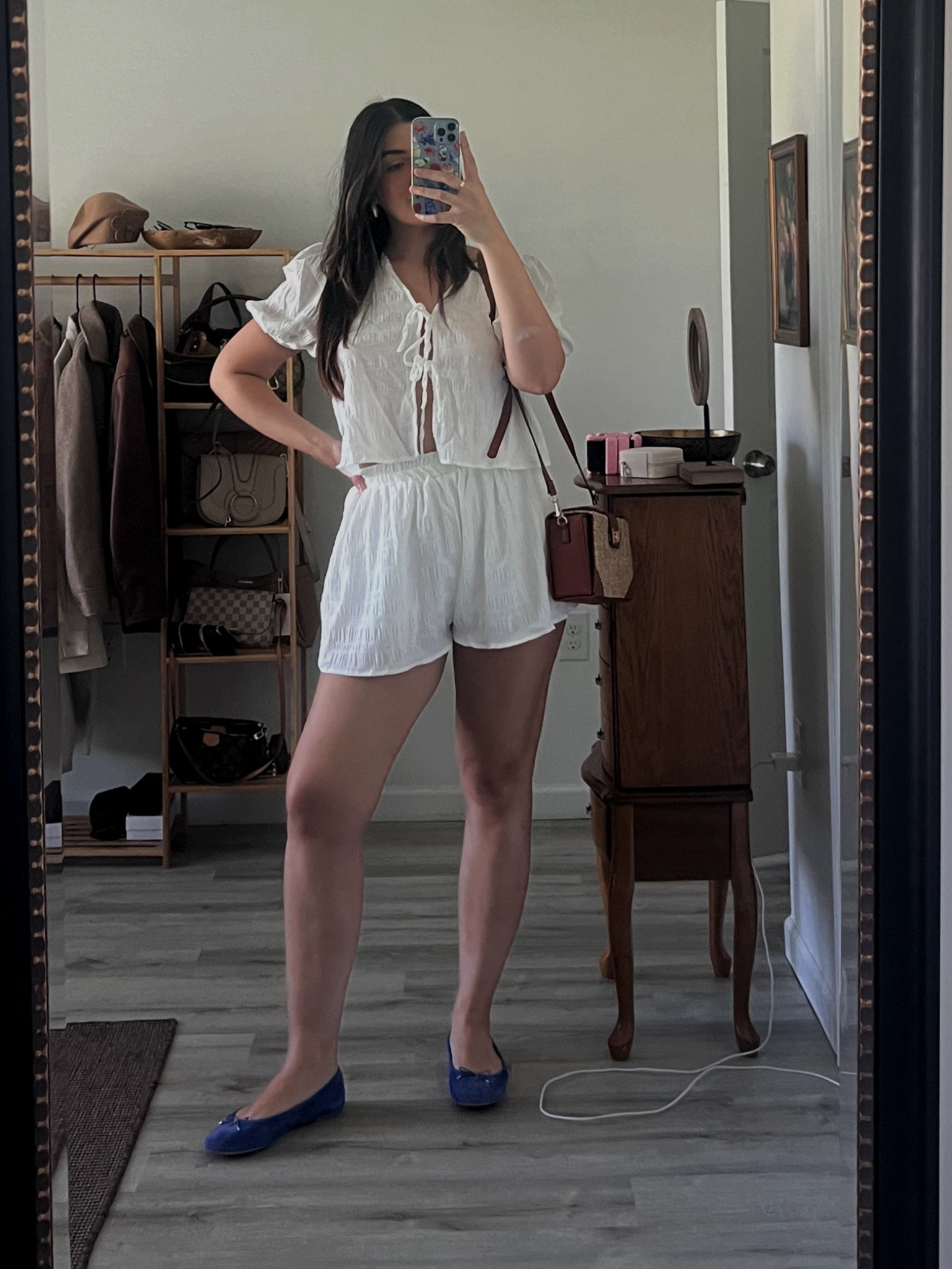 2 piece tie front set. Wearing a size M and still bump 🤰🏻 friendly with plenty of stretch. 

My ballet flats are sold out but linking similar ones from the same brand 

#LTKStyleTip #LTKBump #LTKFindsUnder50