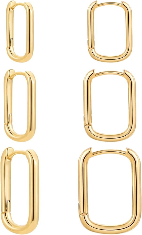 Sloong 3pairs Hoop Earrings Set 14K Gold Plated Lightweight Hypoallergenic Chunky Square Star Hea... | Amazon (US)