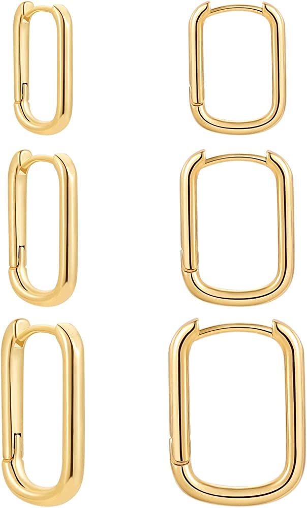 Sloong 3pairs Hoop Earrings Set 14K Gold Plated Lightweight Hypoallergenic Chunky Square Star Hea... | Amazon (US)