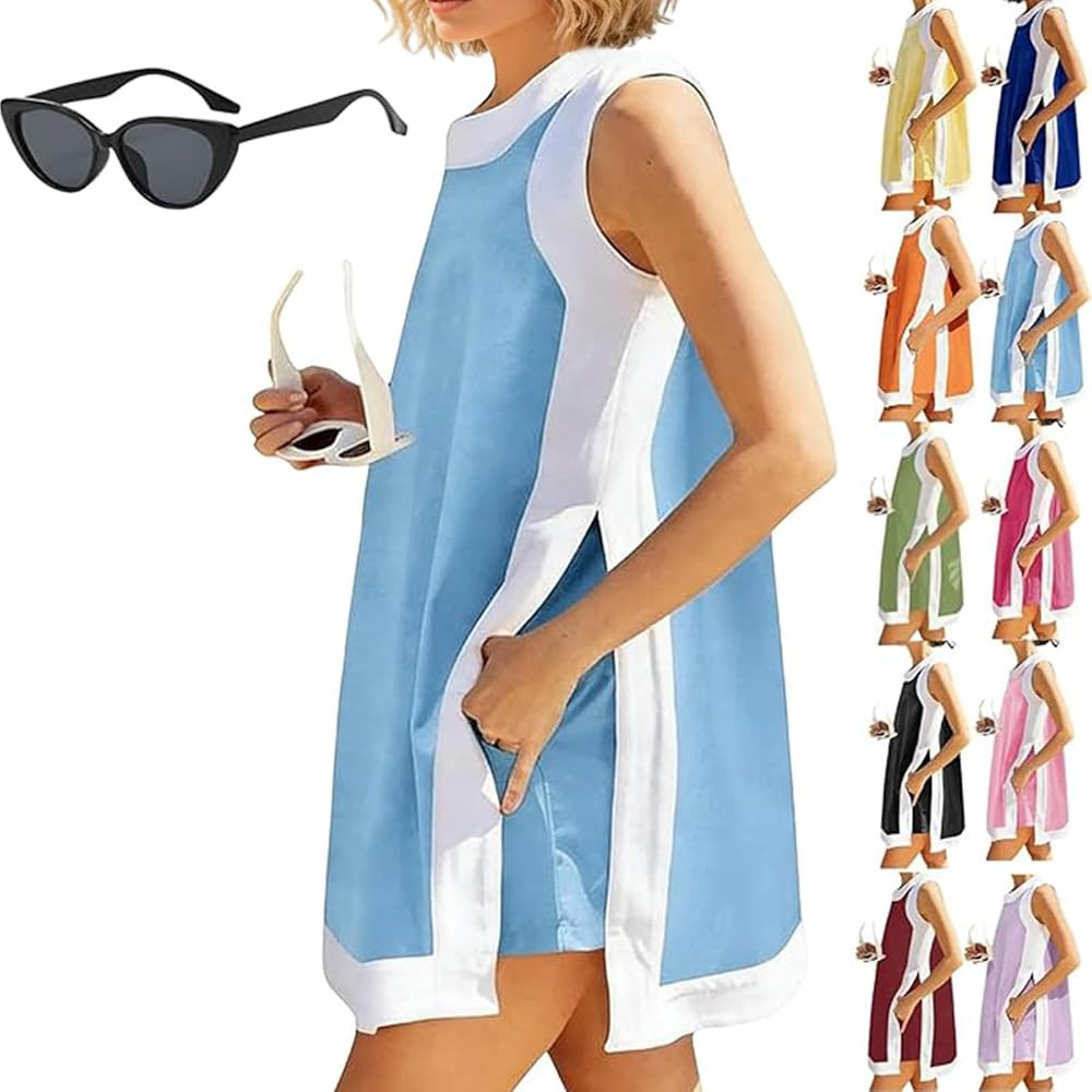 Women's 2 Piece Sets Color Block Dress Boho Casual Summer Sleeveless Crewneck Tops Shorts Matchin... | Amazon (US)