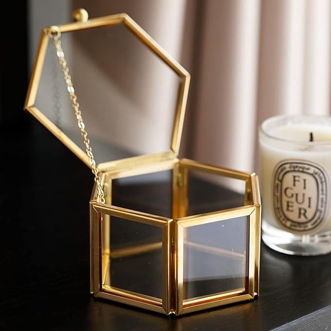Vintage Glass Jewelry Box - Hexagon Gold Glass Box Keepsake Box for Storage Ring Earring Trinket,... | Amazon (US)