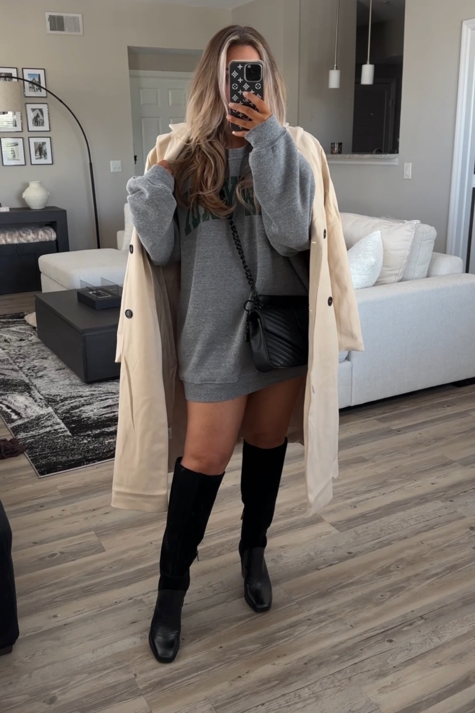 Fall outfit idea. Styling a sweater dress.
Crew sweater: XL
Coat: L

#falloutfit
#casualoutfit 

#LTKstyletip #LTKmidsize