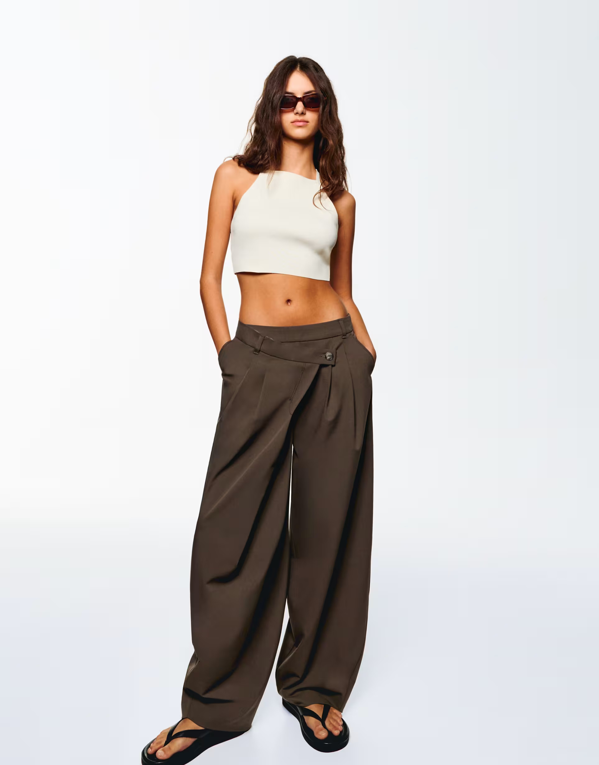 Bershka tailored fit trousers with crossover waist in beig | ASOS | ASOS (Global)