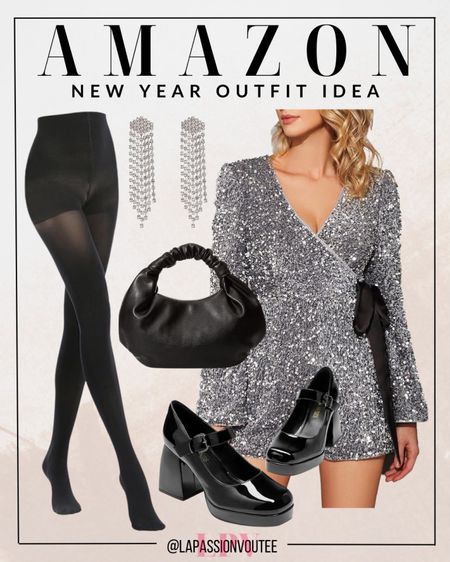 Shimmer into the New Year with a sequin romper, paired elegantly with black tights. Carry your essentials in style with a top-handle bag, frame your face with playful tassel earrings, and elevate your look with platform shoes. It's the perfect ensemble for a night of celebration and style.

#LTKSeasonal #LTKHoliday #LTKstyletip