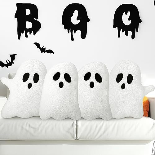 Soaoo 4 Pcs Halloween Throw Pillows Ghost Decor Ghost Plush Spooky Pillows for Sofa Bed Stuffed Halloween Pillow for Couch Party Outdoor Home Decorations Decor Cushion | Amazon (US)
