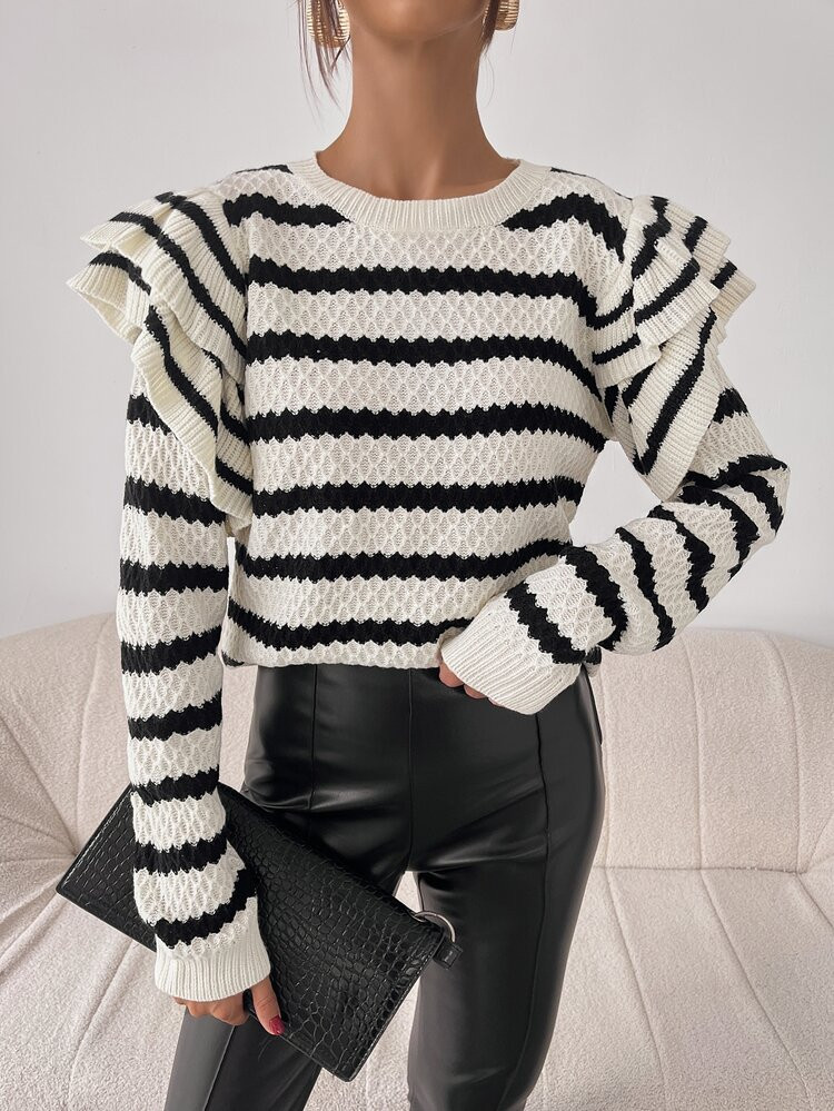 New
     
      Striped Pattern Ruffle Trim Sweater | SHEIN