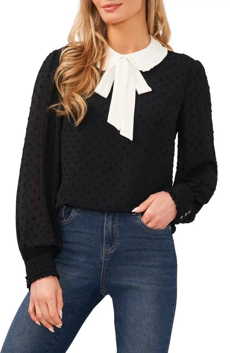 CeCe Bow Collar Long Sleeve Clip Dot Blouse | Nordstrom | Nordstrom