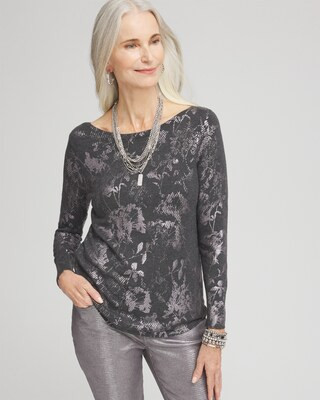 Women's Silver Floral Bateau Neck Sweater in Gray size 8/10 | Chico's | Chico's