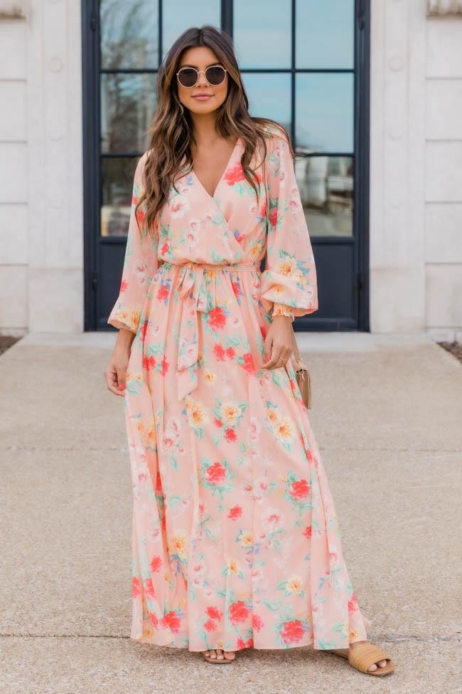 Cocktails at Sunset Floral Maxi Peach Dress | The Pink Lily Boutique