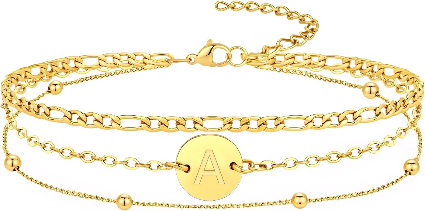 18K Gold Plated Initial Bracelets for Women - Stainless Steel Layered Letter Charm Bracelet A to ... | Amazon (US)