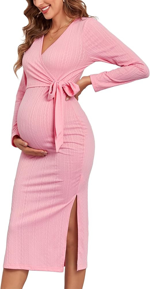 2024 Fall Rib Knit Maternity Nursing Dress Knot Side Long Sleeve V Neck Bodycon Wrap Pregnancy Sp... | Amazon (US)