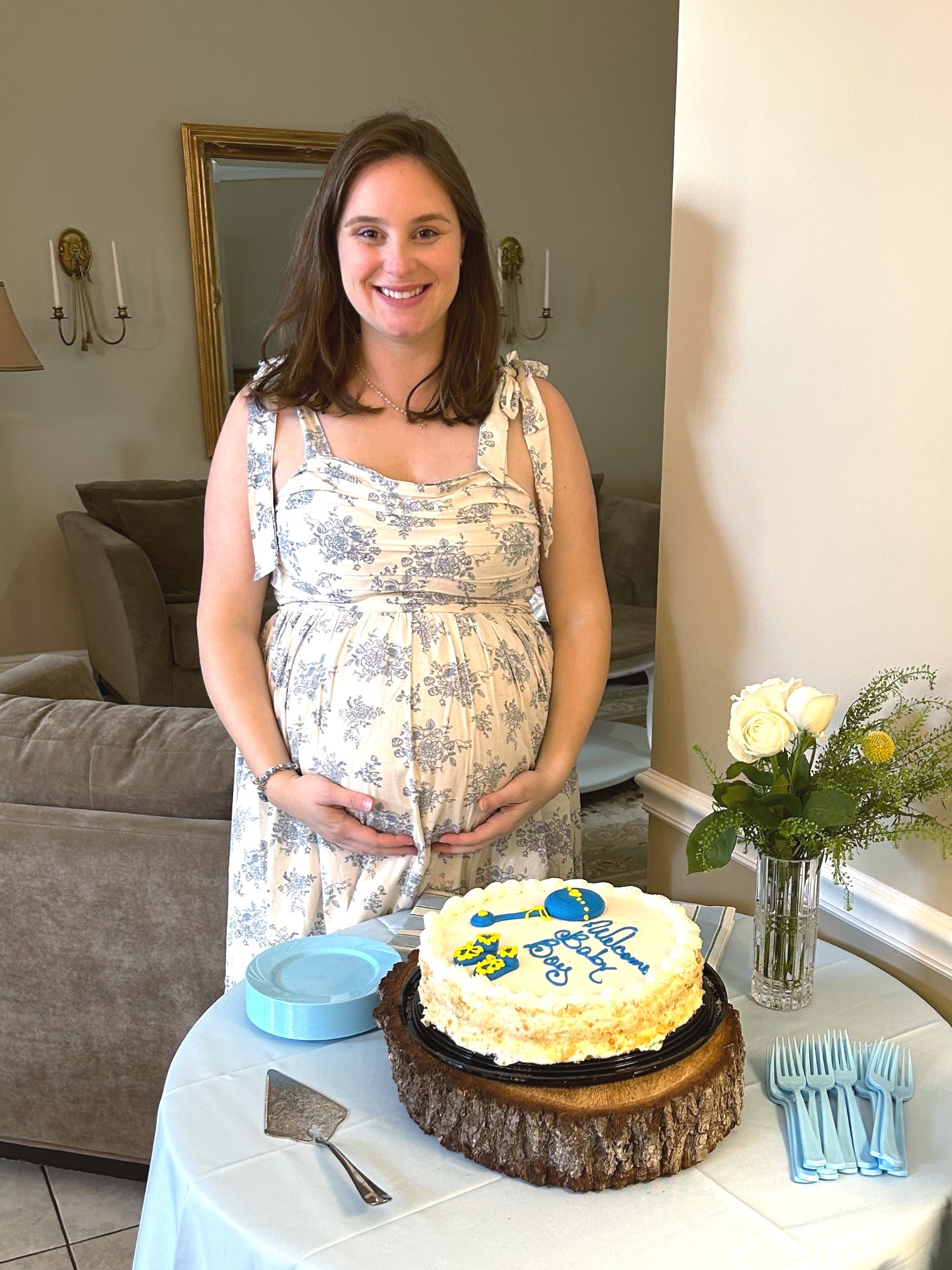 Baby shower blue bow dress! Maternity friendly! 

Size Large. I “could have” gone up to 1X for the bust area, but since I am normally a large, I wanted to have the dress for the future as well. 

#LTKMidsize #LTKBaby #LTKBump