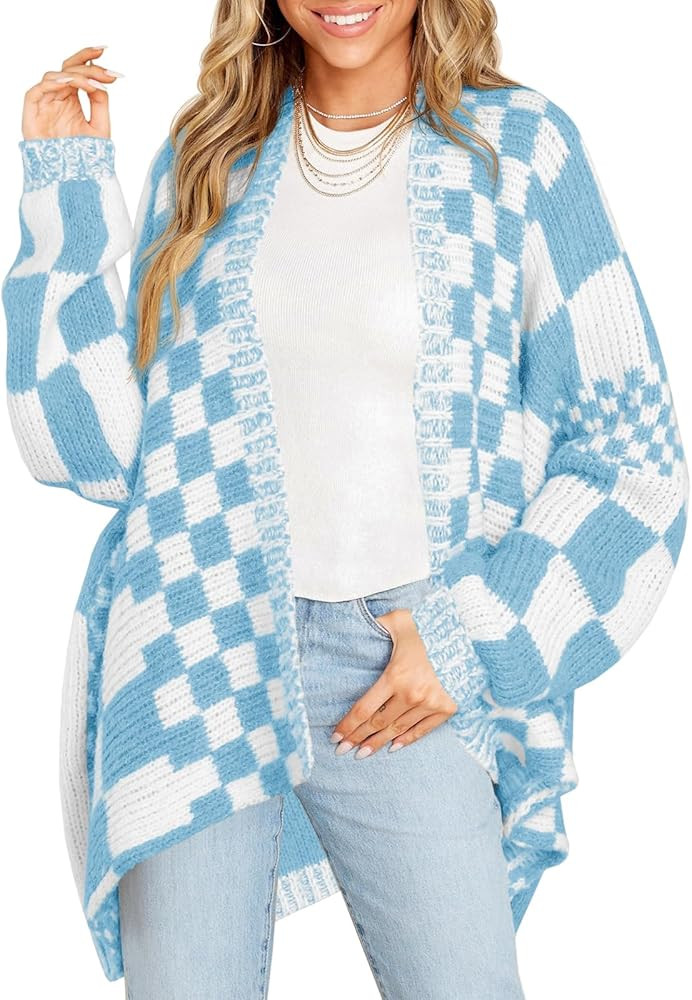 Saodimallsu Womens Checkered Sweater Color Block Plaid Cardigans Oversized Long Sleeve Knit Open ... | Amazon (US)