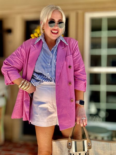 Walmart linen pink jacket. Size XL no stretch 
Amazon summer top, size large 
White shorts SPANX code WANDAXSPANX 

#LTKOver40 #LTKMidsize #LTKFindsUnder100