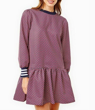 Vine Geometric Print Crew Neck Long Sleeve A-Line Zip Back Dress | Dillard's