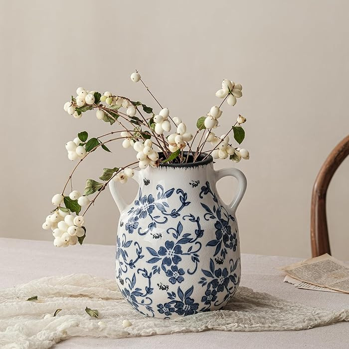 Blue and White Vintage Round Flower Vase with 2 Handles, Chinoiserie Floral Vase, Retro Ice Crack... | Amazon (US)