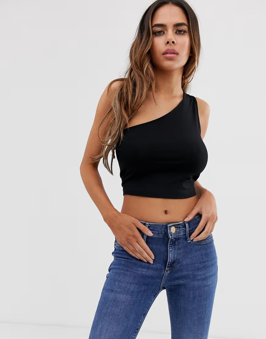 ASOS DESIGN Fuller Bust one shoulder sleeveless crop top in black | ASOS (Global)