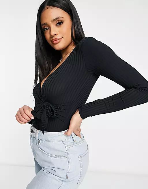 Flounce ballet wrap ribbed bodysuit in black | ASOS (Global)