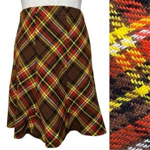 Vintage 70’s Brown Orange Yellow Plaid Mini High Waist Fit Flare Skirt | Poshmark