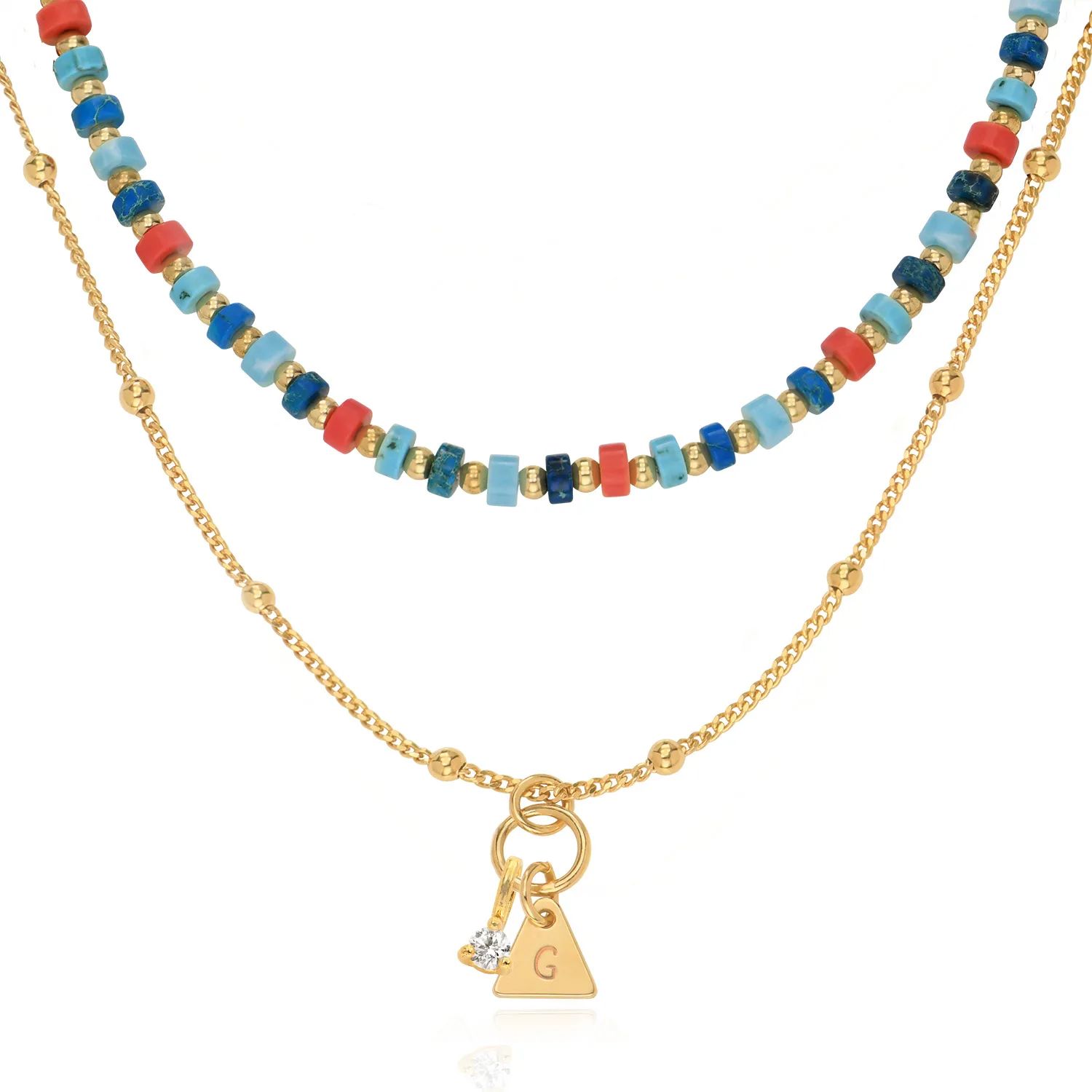 Pacific Layered Beads Necklace with Initials and 0.10CT Diamond in Gold Plating | MYKA