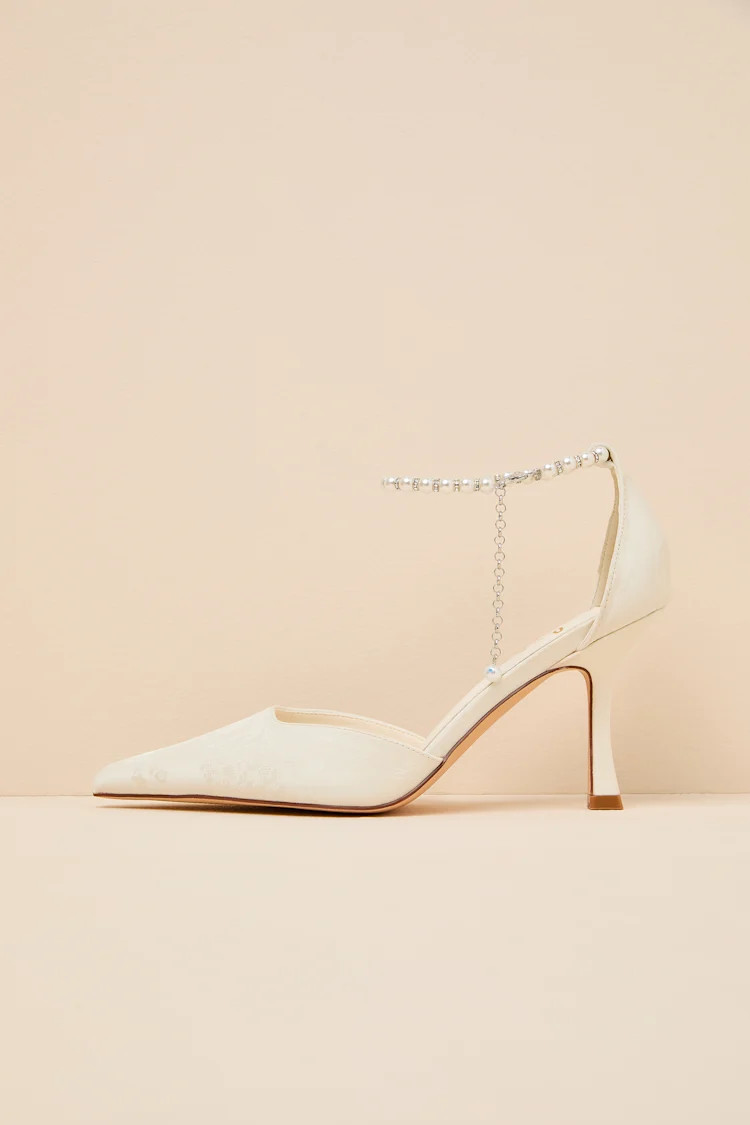 Katie White Satin Pearl Pointed-Toe Ankle Strap Pumps | Lulus