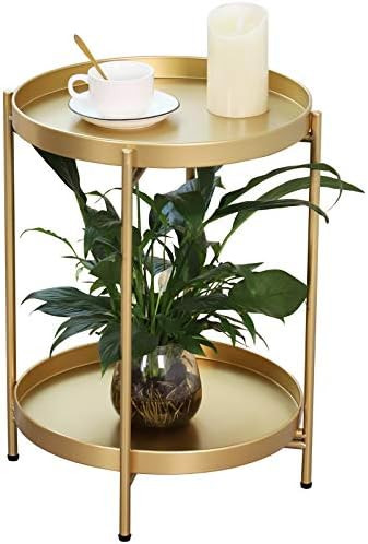 Amazon.com: LANPU Folding Round Metal Side Table, 2 Tier Tray End Table Sofa Tables, Waterproof a... | Amazon (US)