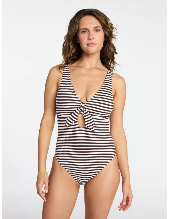 Time and Tru Women's and Women's Plus Size Crinkle Plunge Tie Front One Piece Swimsuit, Sizes XS-... | Walmart (US)