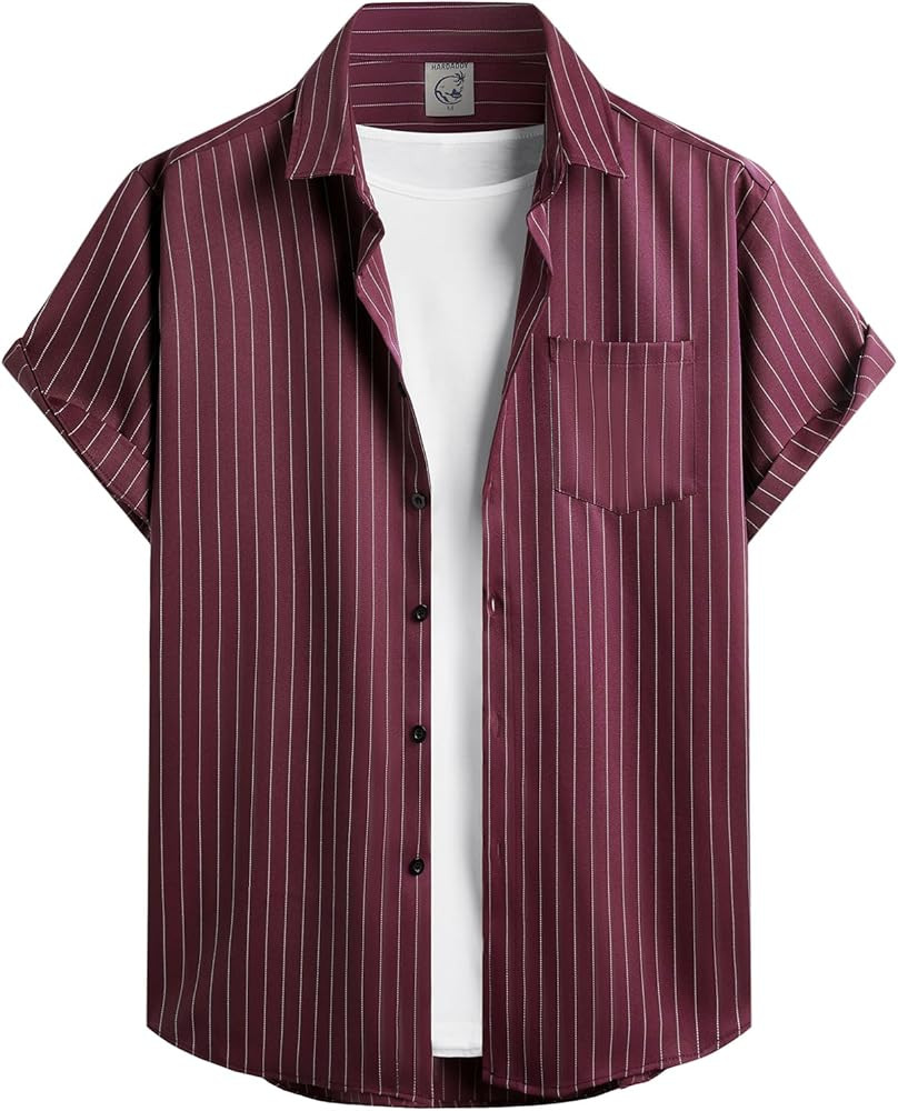 Hardaddy Men's Casual Striped Shirts Button Down Short Sleeve Blouse Summer Hawaiian Shirt | Amazon (US)