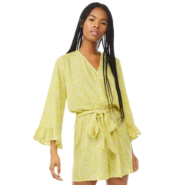 Scoop Women's Tie Waist Romper with Ruffle Sleeves - Walmart.com | Walmart (US)