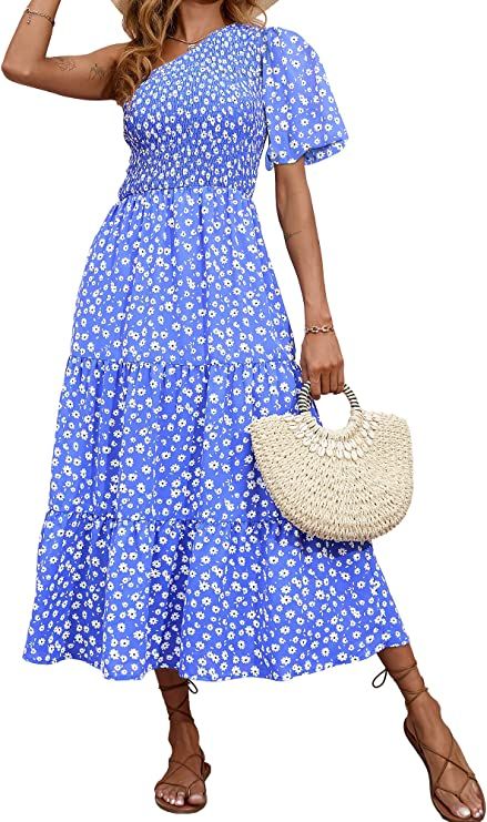 BTFBM Casual Women One Shoulder Short Puff Sleeve Summer Maxi Dress 2023 Boho Solid Color Smoked ... | Amazon (US)