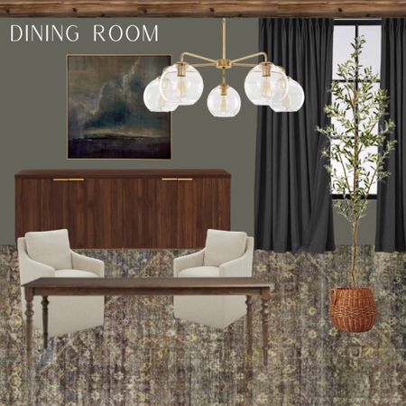 Dining Room ideas, sideboard, buffet, chandelier, curtains, drapes, loloi rug, upholstery dining chair, olive tree, wall art. Moody dining room. 

#LTKSale #LTKhome #LTKFind