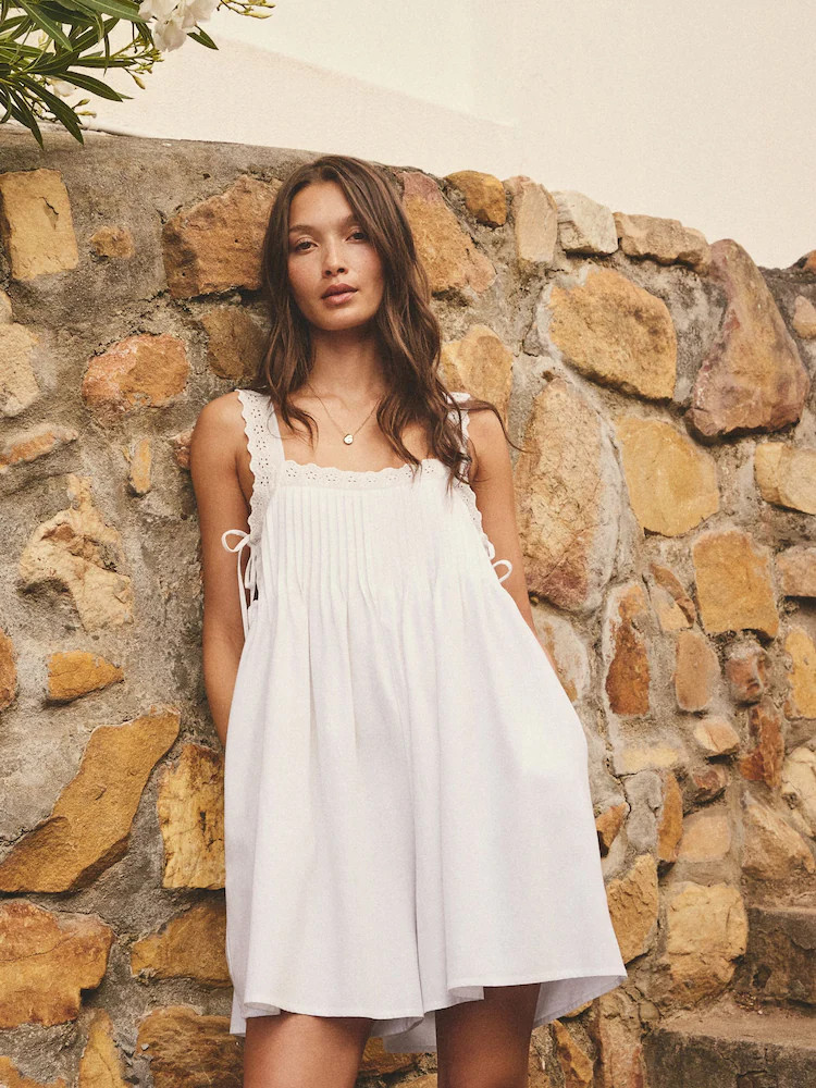 White Sleeveless Lace Trim Playsuit with Linen | Next AU