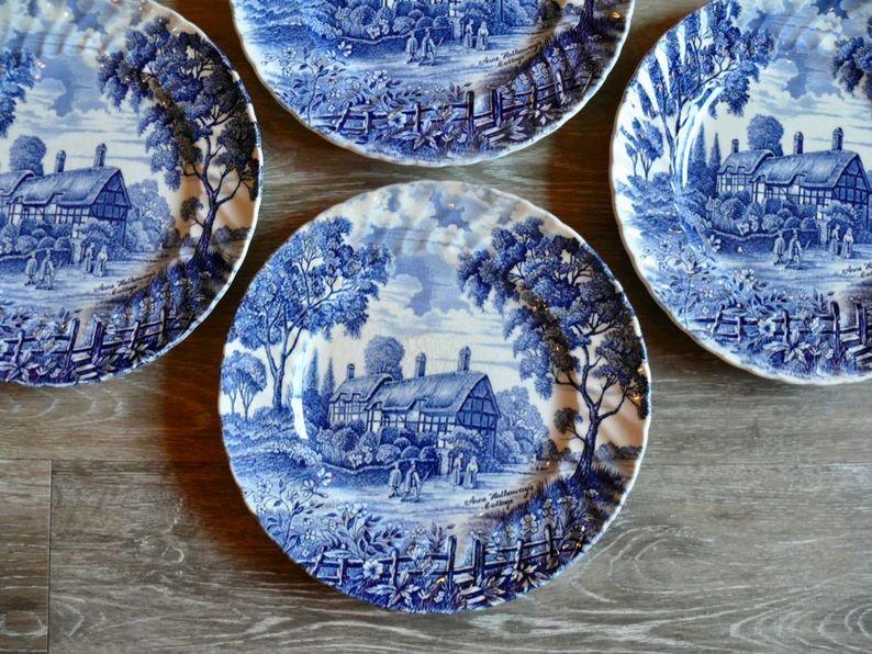 4 Royal Essex Blue Anna Hathaways Cottage Dinner Plates, Ironstone Swirl Shakespeare Country Plat... | Etsy (US)
