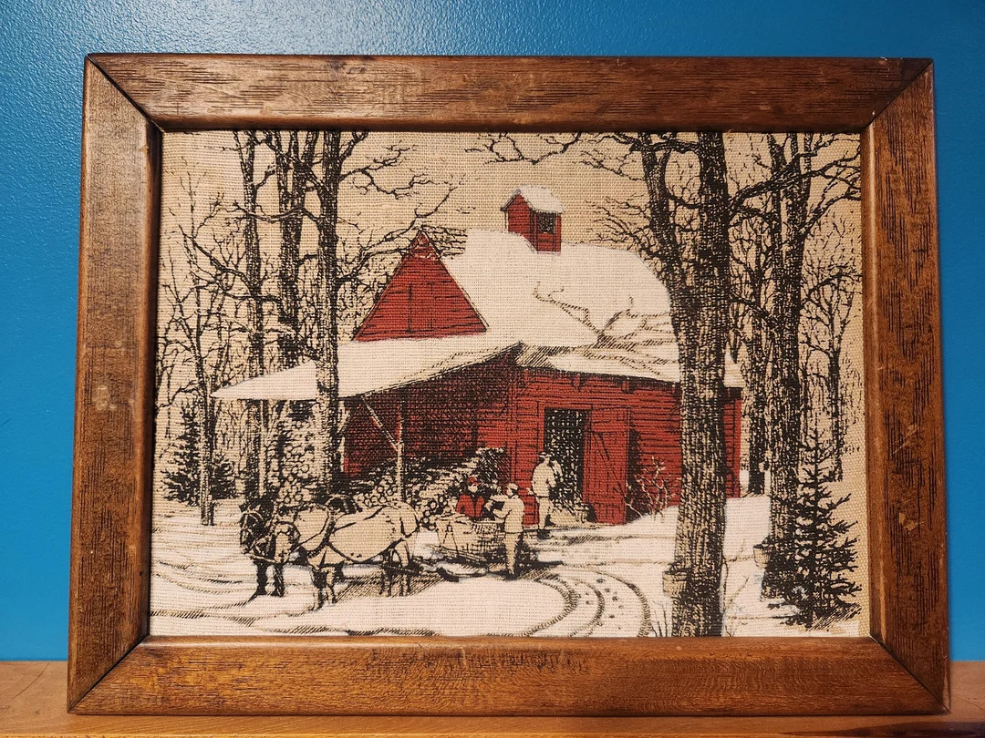 Kay Dee Linen Print Winter Scene Wood Frame Vintage Red Barn Snow Sleigh Horse | Etsy (US)