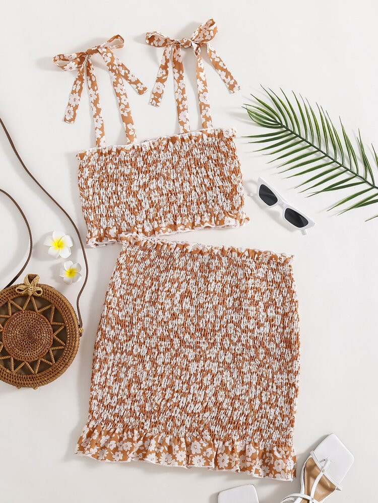 Floral Print Shirred Ruffle Trim Top & Skirt | SHEIN