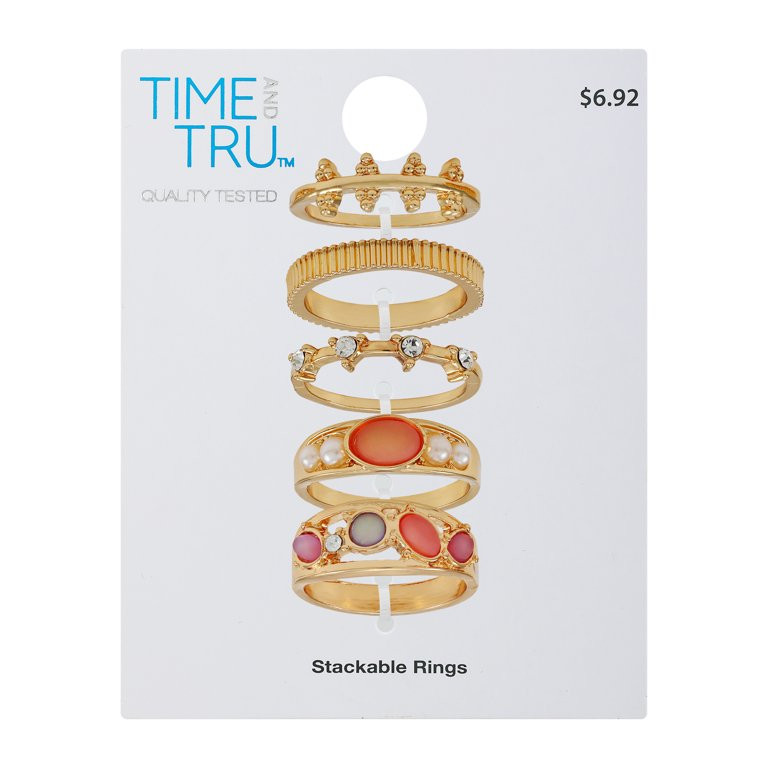 Time and Tru Crystal and Faux Pearl Mauve Stackable Ring Set, 5-Piece | Walmart (US)