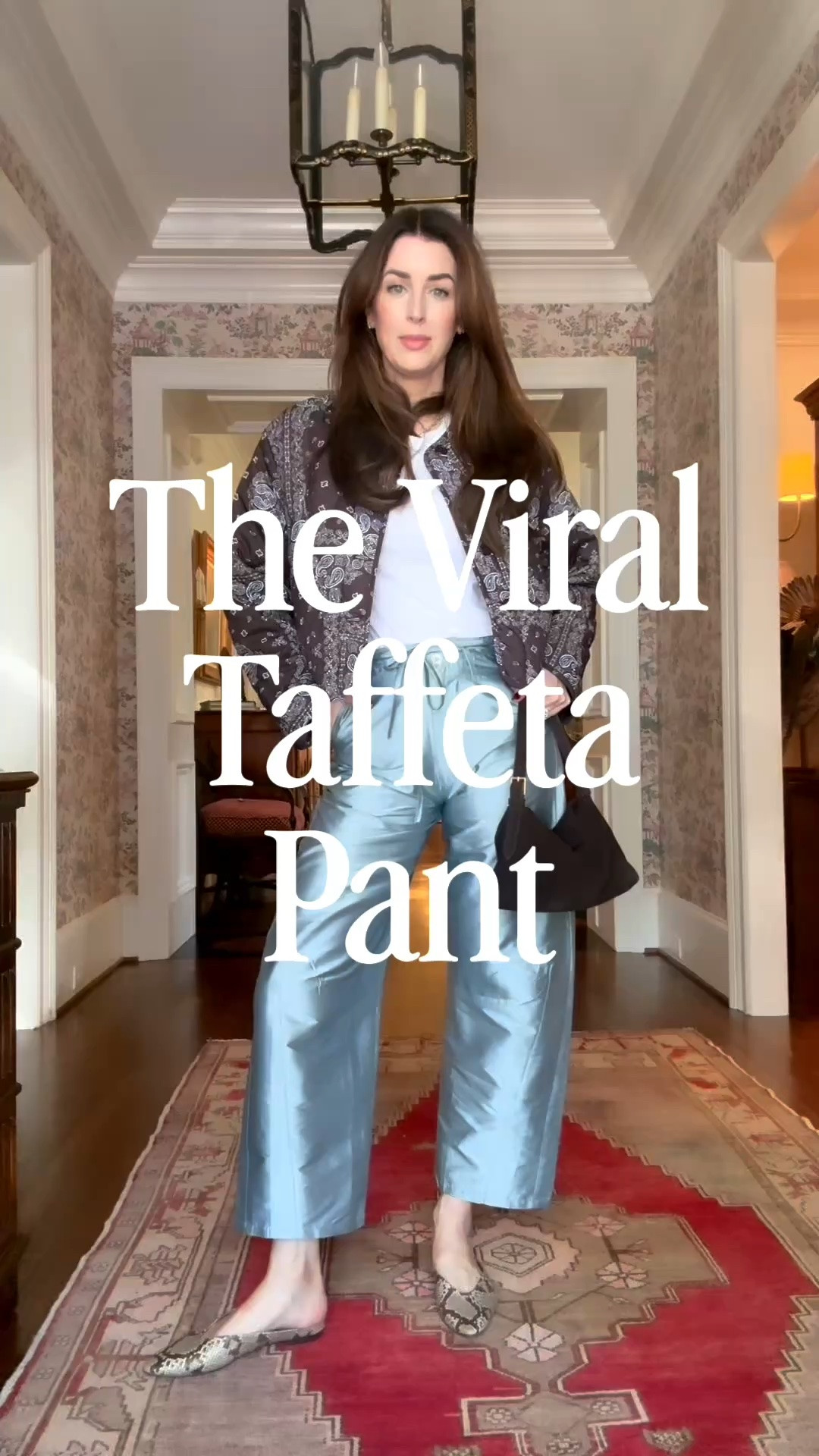 Wearing a size 1 in the pants and a small in the jacket —

How to style taffeta pants for every day — yes, the viral blue taffeta pant works for so much more than holiday parties. This is my favorite elevated casual outfit for fall right now, and it is as comfortable as it looks.

I paired the blue taffeta wide-leg pant with an affordable snakeskin mule — under $100 and the perfect neutral for fall — and a bandana print jacket that is casual but never boring. I also wear this jacket with my workout gear and athleisure, so it earns its spot in my closet all season long.

The secret to dressing down a “fancy” pant is mixing textures — shiny taffeta, snakeskin, and a relaxed printed jacket keep it polished without trying too hard. It is the kind of everyday outfit idea that works for school pickup, lunch with friends, or a weekend in the city.

Save this for your next fall outfit inspo and tell me — would you wear taffeta on a regular Wednesday?